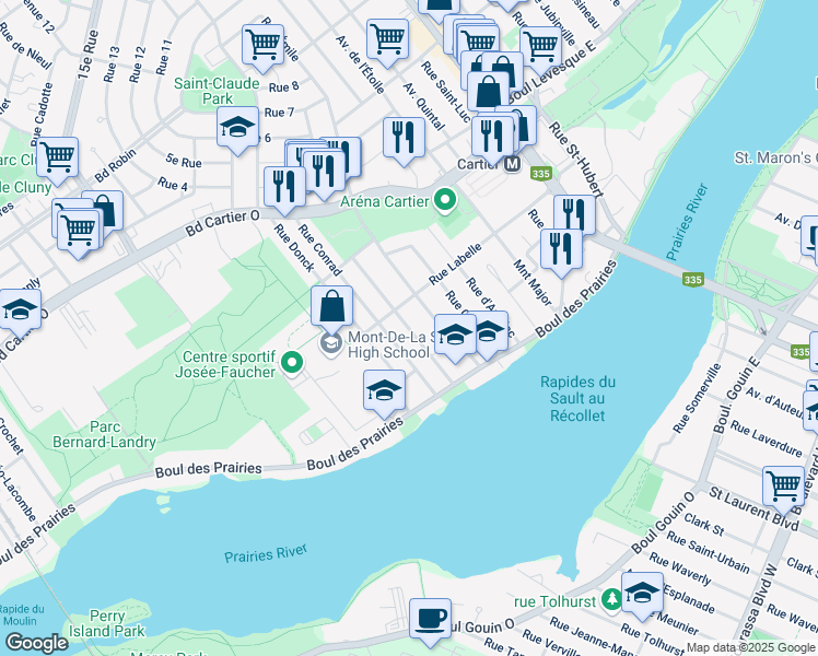 map of restaurants, bars, coffee shops, grocery stores, and more near Rue du Pontmain in Laval