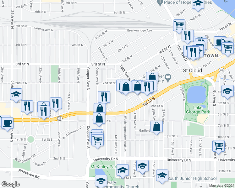 map of restaurants, bars, coffee shops, grocery stores, and more near 34 McKinley Place North in Saint Cloud