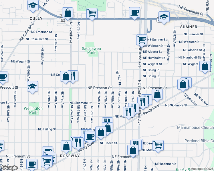 map of restaurants, bars, coffee shops, grocery stores, and more near 4429 Northeast 78th Avenue in Portland