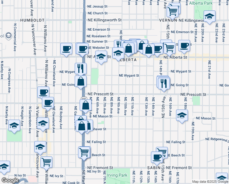 map of restaurants, bars, coffee shops, grocery stores, and more near 817 Northeast Prescott Street in Portland