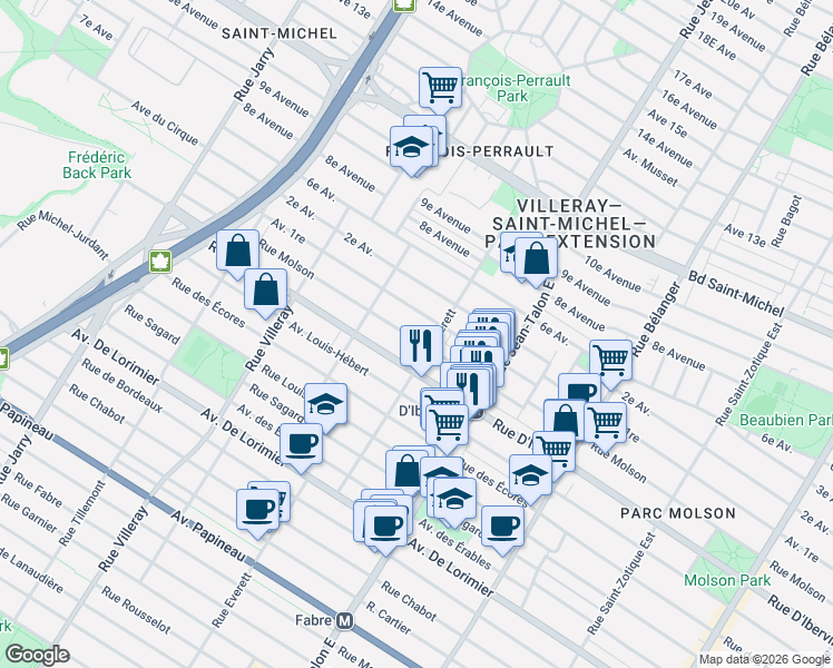 map of restaurants, bars, coffee shops, grocery stores, and more near 7331 Rue Molson in Montréal