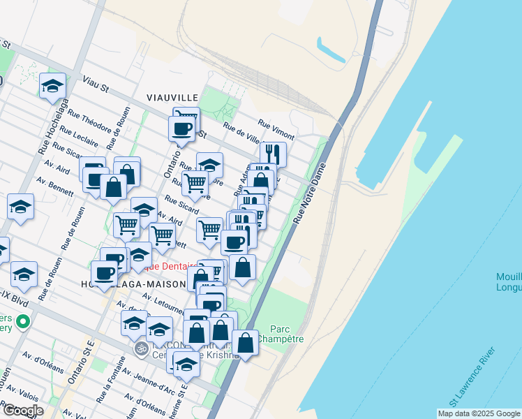 map of restaurants, bars, coffee shops, grocery stores, and more near 4698 Rue Sainte-Catherine Est in Montréal