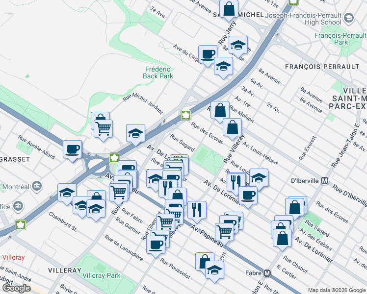 map of restaurants, bars, coffee shops, grocery stores, and more near 7972 Rue Sagard in Montréal