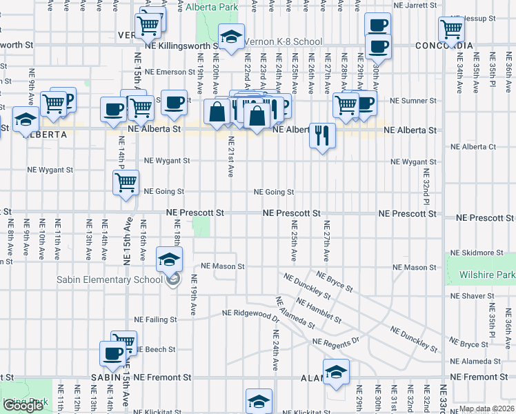 map of restaurants, bars, coffee shops, grocery stores, and more near 4515 Northeast 23rd Avenue in Portland