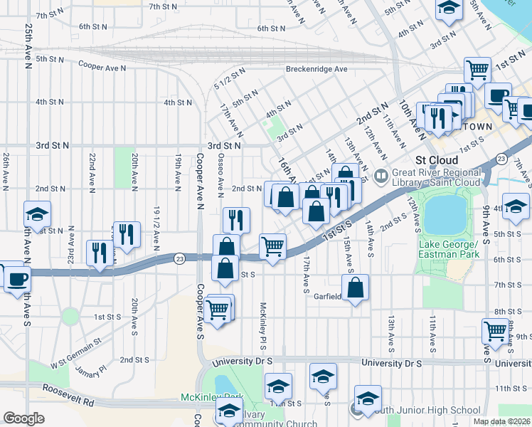 map of restaurants, bars, coffee shops, grocery stores, and more near 34 McKinley Place North in St. Cloud