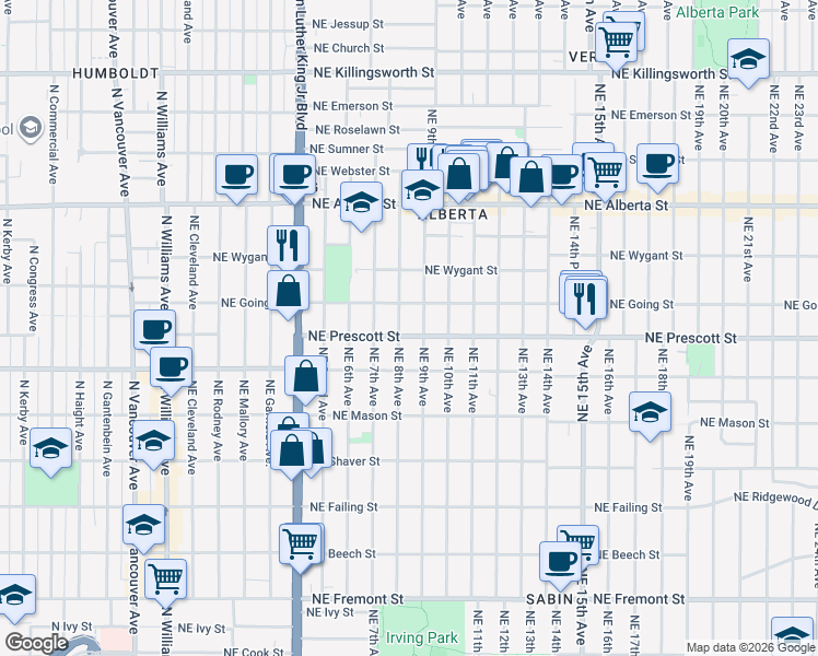 map of restaurants, bars, coffee shops, grocery stores, and more near 817 Northeast Prescott Street in Portland