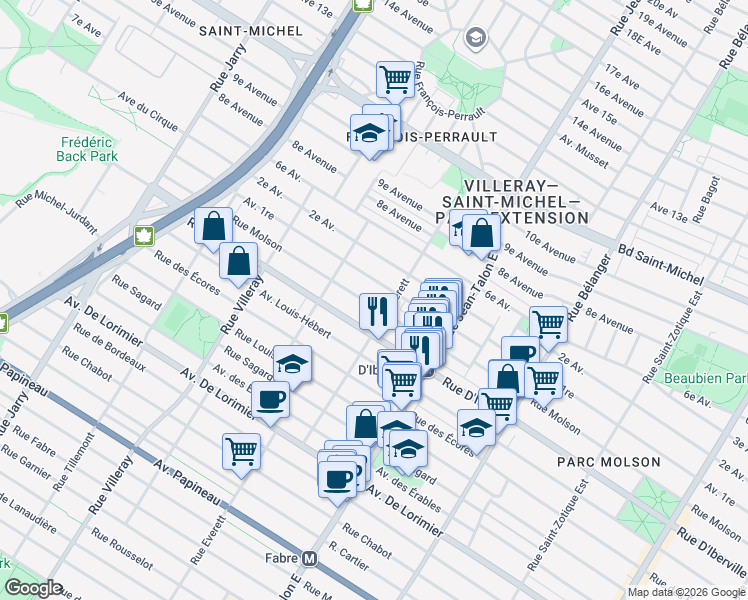 map of restaurants, bars, coffee shops, grocery stores, and more near 7331 Rue Molson in Montréal