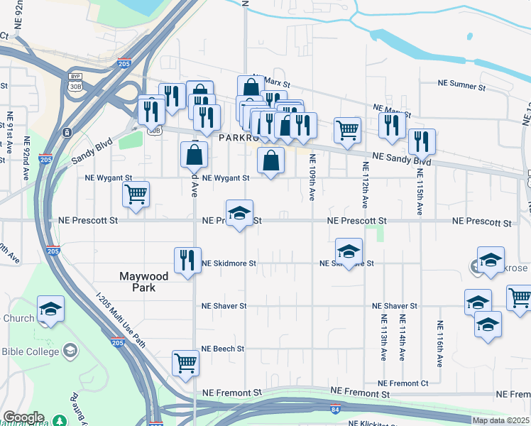 map of restaurants, bars, coffee shops, grocery stores, and more near 10636 Northeast Prescott Street in Portland