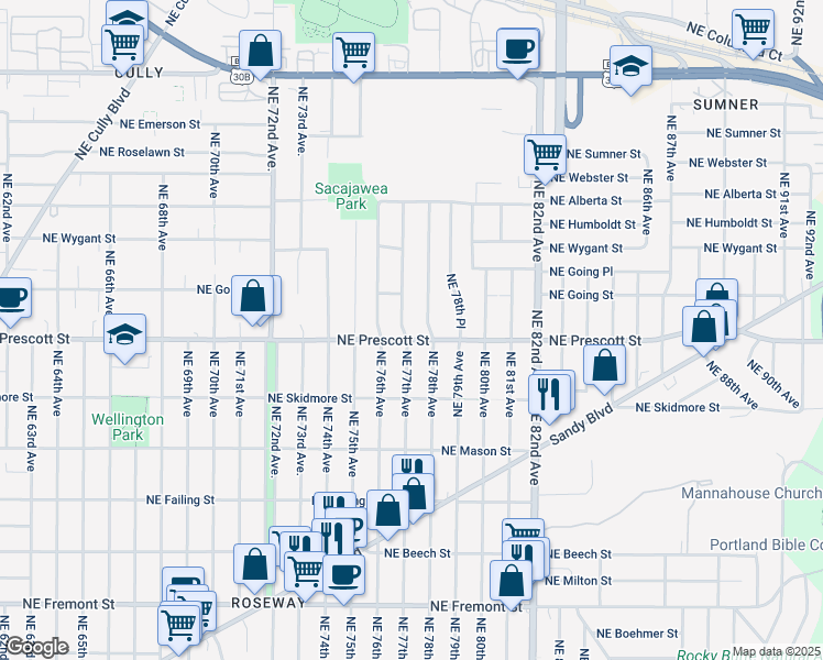 map of restaurants, bars, coffee shops, grocery stores, and more near 4429 Northeast 78th Avenue in Portland