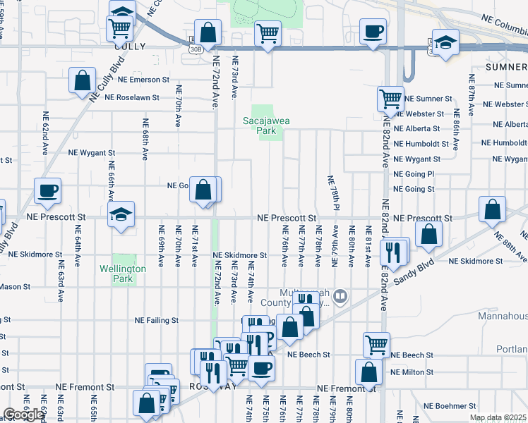 map of restaurants, bars, coffee shops, grocery stores, and more near 4425 Northeast 75th Avenue in Portland