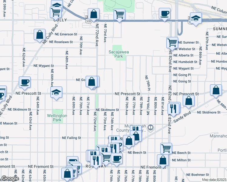 map of restaurants, bars, coffee shops, grocery stores, and more near 4425 Northeast 75th Avenue in Portland