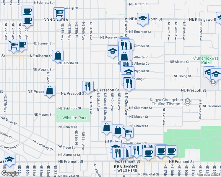 map of restaurants, bars, coffee shops, grocery stores, and more near 4424 Northeast 40th Avenue in Portland