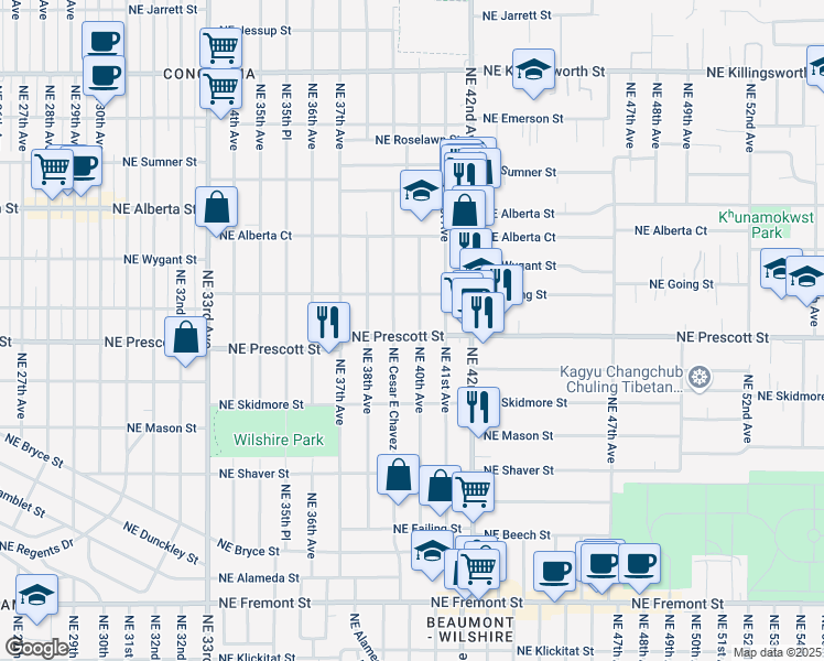 map of restaurants, bars, coffee shops, grocery stores, and more near 4424 Northeast 40th Avenue in Portland