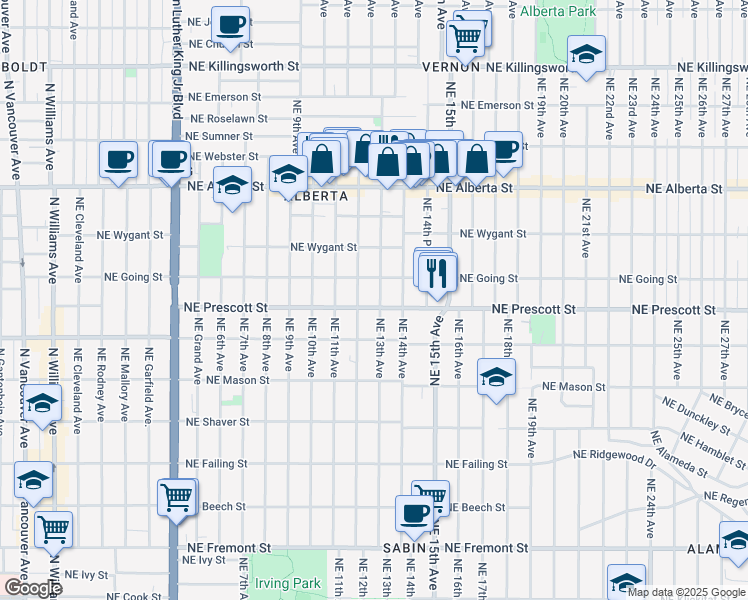 map of restaurants, bars, coffee shops, grocery stores, and more near 4322 Northeast 12th Avenue in Portland
