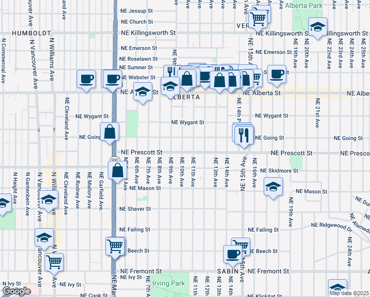 map of restaurants, bars, coffee shops, grocery stores, and more near 4325 Northeast 11th Avenue in Portland