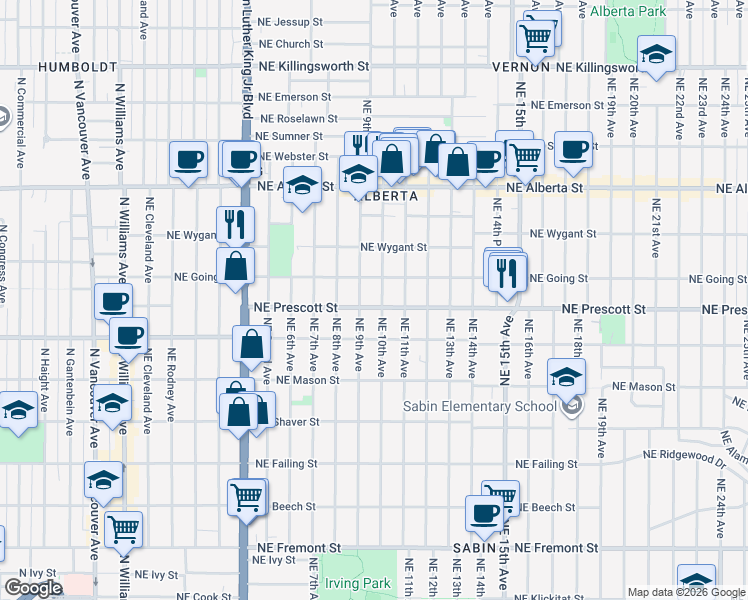 map of restaurants, bars, coffee shops, grocery stores, and more near 4404 Northeast 9th Avenue in Portland