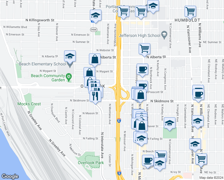 map of restaurants, bars, coffee shops, grocery stores, and more near 4326 North Montana Avenue in Portland