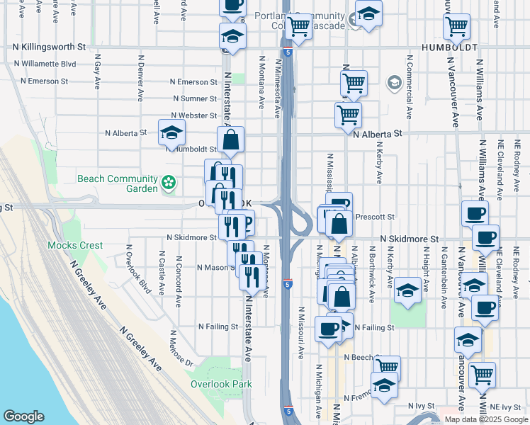 map of restaurants, bars, coffee shops, grocery stores, and more near 4412 North Maryland Avenue in Portland