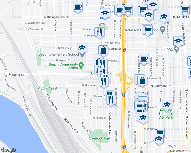 map of restaurants, bars, coffee shops, grocery stores, and more near 1571 North Skidmore Street in Portland