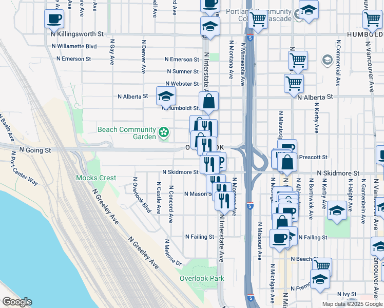 map of restaurants, bars, coffee shops, grocery stores, and more near 1571 North Skidmore Street in Portland