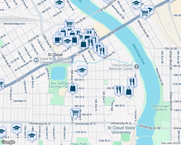 map of restaurants, bars, coffee shops, grocery stores, and more near 425 6th Avenue South in St. Cloud