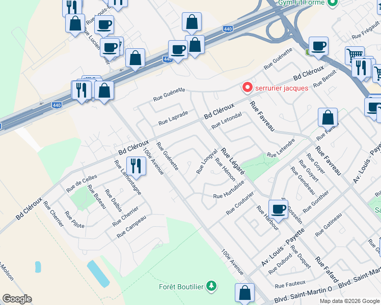 map of restaurants, bars, coffee shops, grocery stores, and more near 4578 Rue Harris in Laval