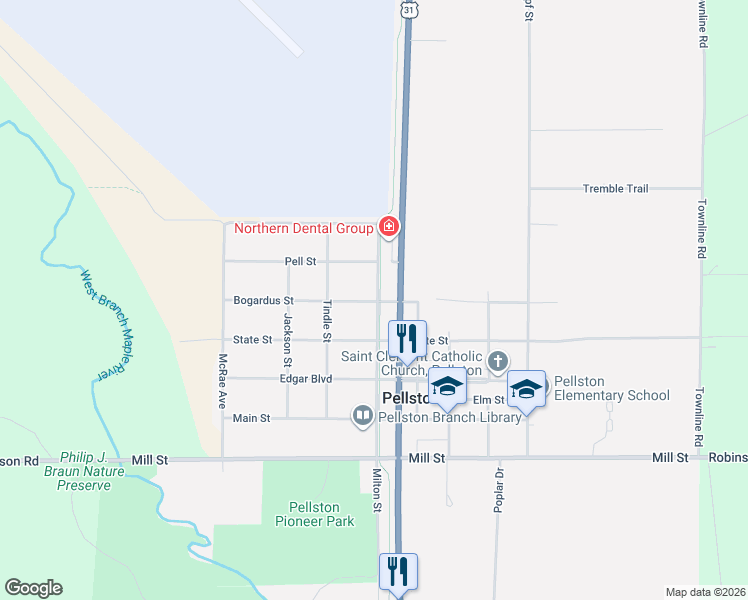 map of restaurants, bars, coffee shops, grocery stores, and more near 6301 State St in Pellston