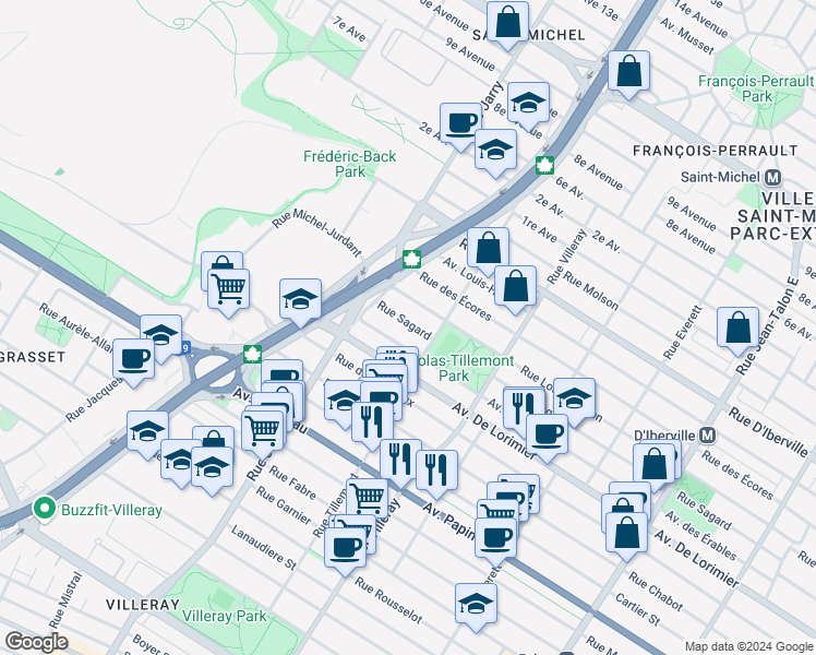 map of restaurants, bars, coffee shops, grocery stores, and more near 7972 Rue Sagard in Montréal