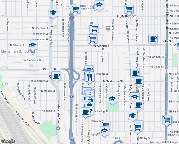 map of restaurants, bars, coffee shops, grocery stores, and more near 4515 North Albina Avenue in Portland