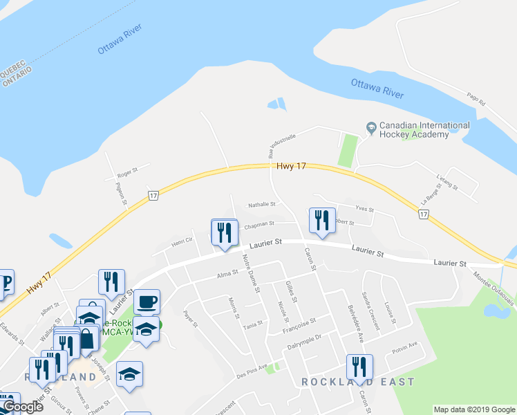 map of restaurants, bars, coffee shops, grocery stores, and more near 65 Nathalie Street in Clarence-Rockland