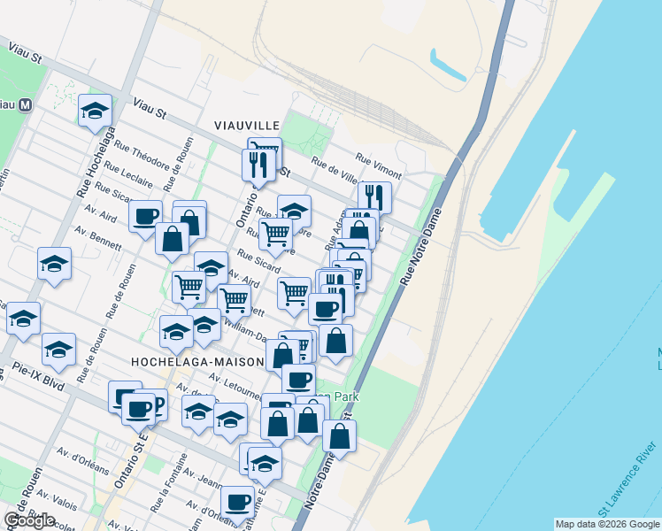 map of restaurants, bars, coffee shops, grocery stores, and more near 1467 Rue Leclaire in Montréal