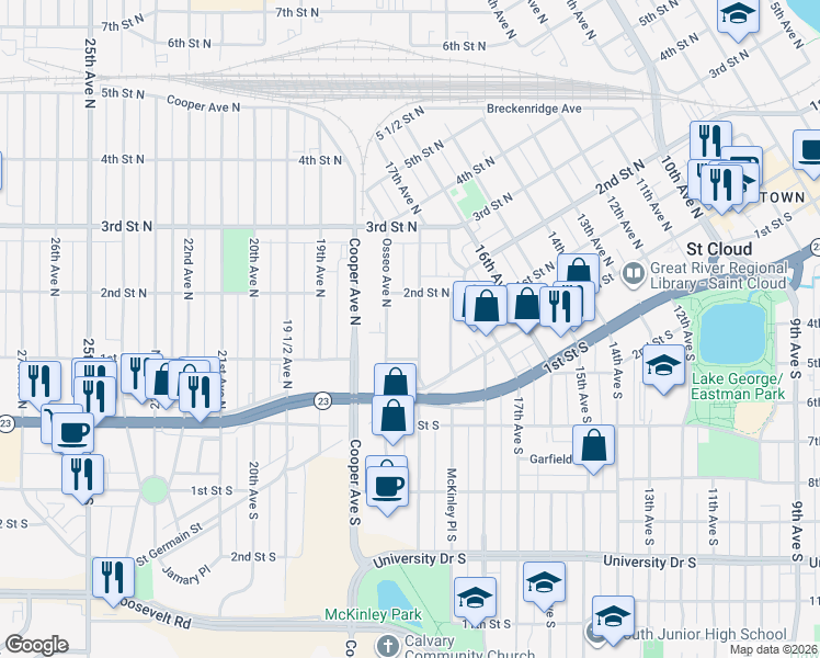 map of restaurants, bars, coffee shops, grocery stores, and more near 1819 1st Street North in St. Cloud