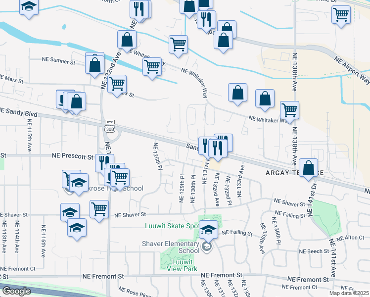 map of restaurants, bars, coffee shops, grocery stores, and more near 12986 Northeast Whitaker Way in Portland