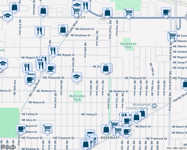 map of restaurants, bars, coffee shops, grocery stores, and more near 6904 Northeast Going Street in Portland