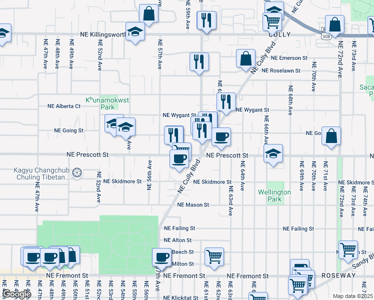 map of restaurants, bars, coffee shops, grocery stores, and more near 5836 Northeast Going Street in Portland