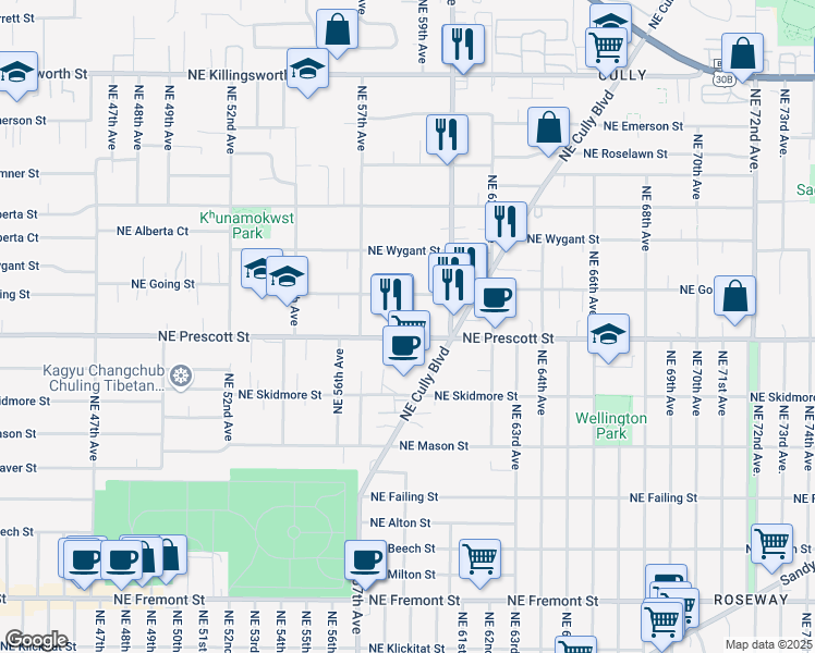 map of restaurants, bars, coffee shops, grocery stores, and more near 5836 Northeast Going Street in Portland
