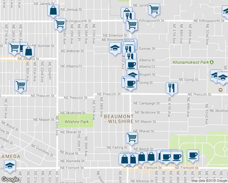 map of restaurants, bars, coffee shops, grocery stores, and more near 4566 Northeast 40th Avenue in Portland