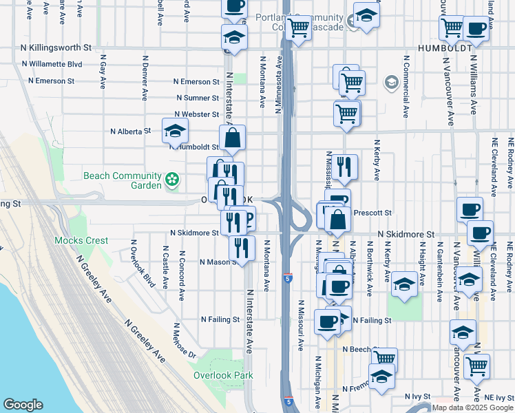 map of restaurants, bars, coffee shops, grocery stores, and more near 4615 North Montana Avenue in Portland