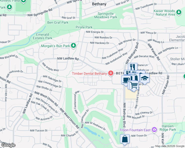 map of restaurants, bars, coffee shops, grocery stores, and more near 16053 Northwest Hildago Lane in Portland