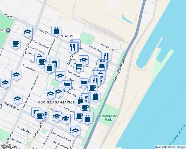 map of restaurants, bars, coffee shops, grocery stores, and more near 4760 Rue Adam in Montréal
