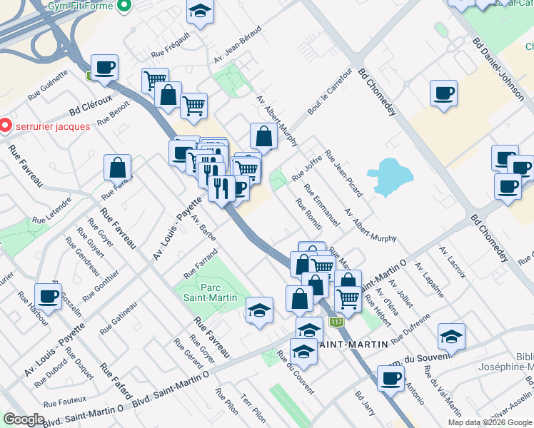 map of restaurants, bars, coffee shops, grocery stores, and more near 1985 Boulevard Curé-Labelle in Laval