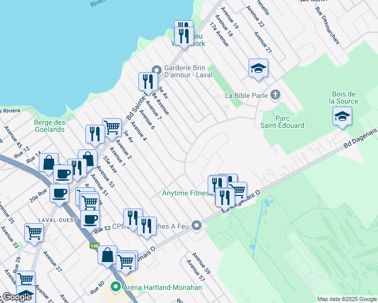 map of restaurants, bars, coffee shops, grocery stores, and more near 4762 Rue Panneton in Laval