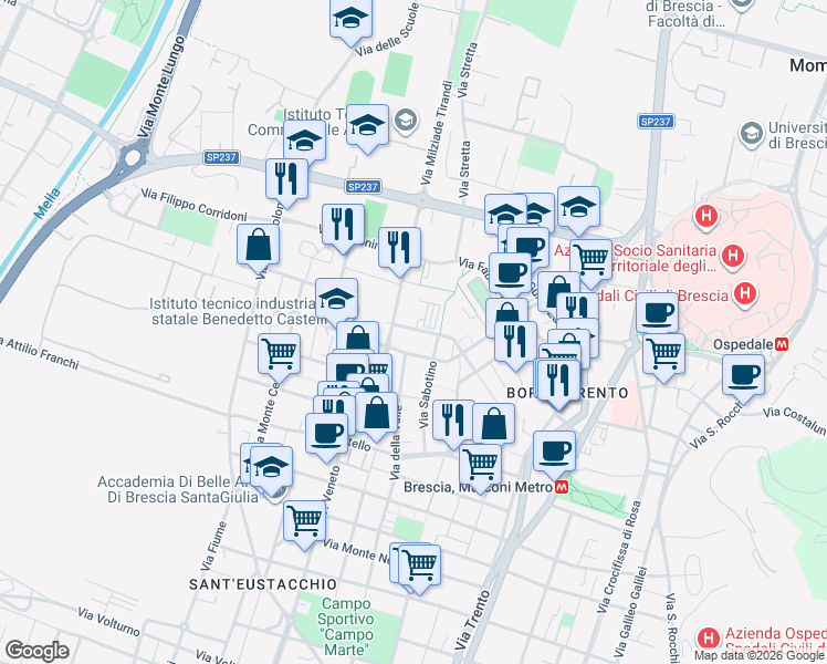 map of restaurants, bars, coffee shops, grocery stores, and more near 2-14 Via Monte Baldo in Brescia