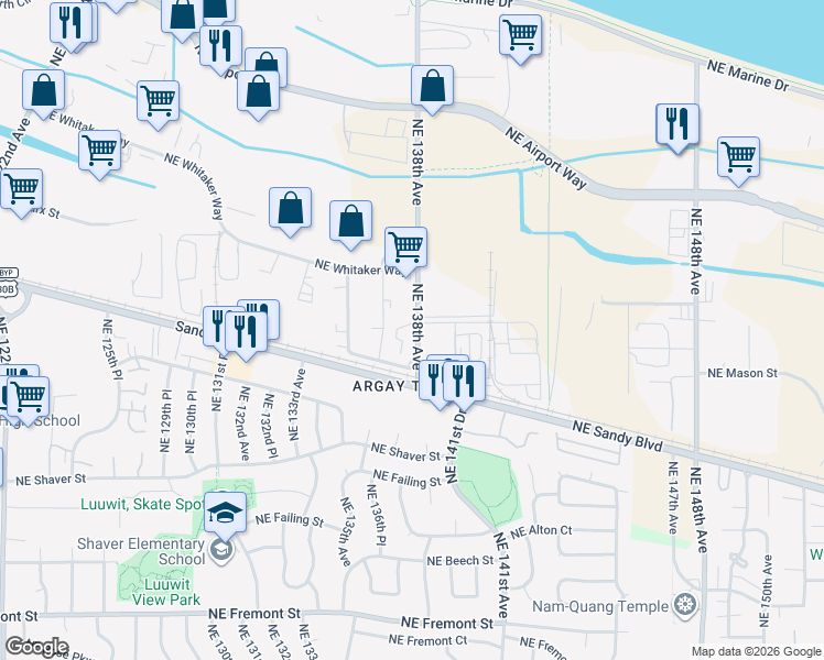 map of restaurants, bars, coffee shops, grocery stores, and more near 4601 Northeast 138th Avenue in Portland