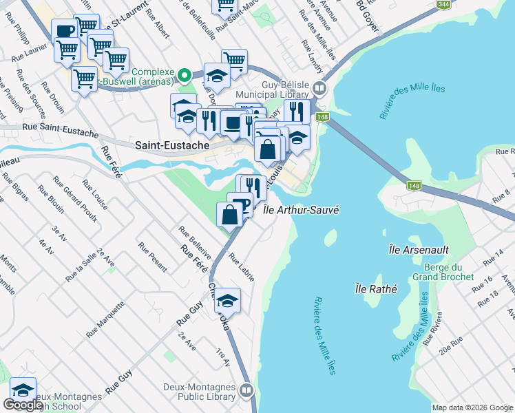 map of restaurants, bars, coffee shops, grocery stores, and more near 97 Rue Saint-Louis in Saint-Eustache