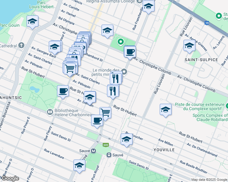 map of restaurants, bars, coffee shops, grocery stores, and more near 995 Rue Sauvé Est in Montréal