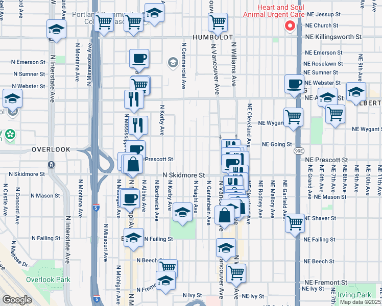 map of restaurants, bars, coffee shops, grocery stores, and more near 4587 North Haight Avenue in Portland