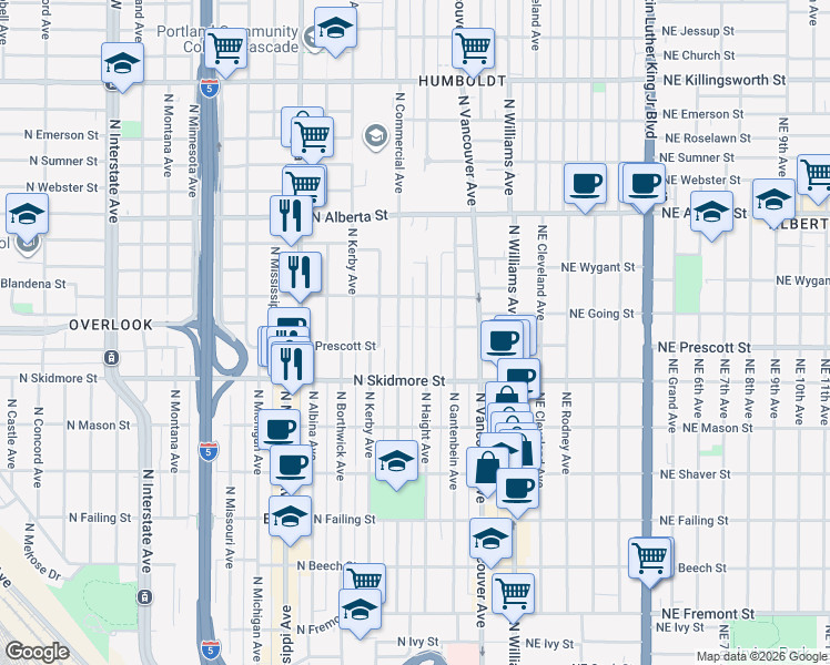 map of restaurants, bars, coffee shops, grocery stores, and more near 4587 North Haight Avenue in Portland