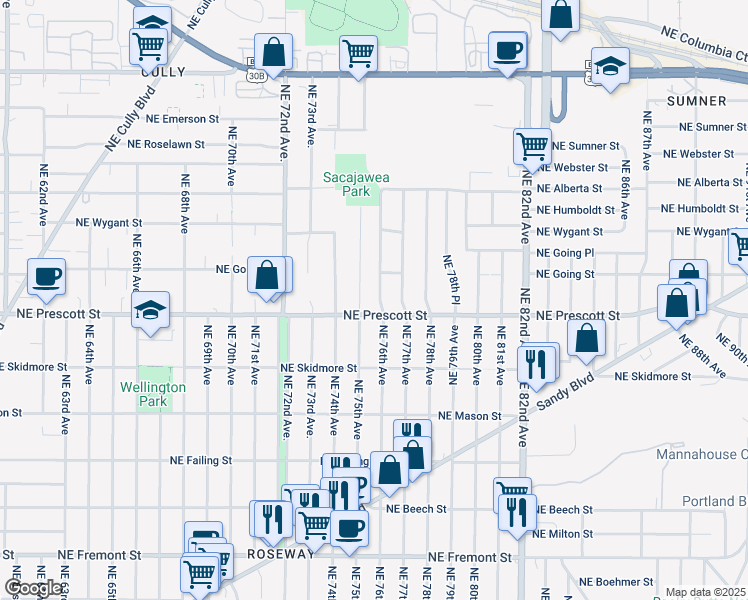 map of restaurants, bars, coffee shops, grocery stores, and more near 7606 Northeast Going Street in Portland