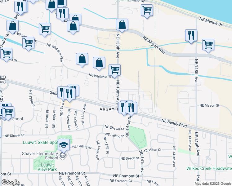 map of restaurants, bars, coffee shops, grocery stores, and more near 13730 NE Whitaker Way in Portland